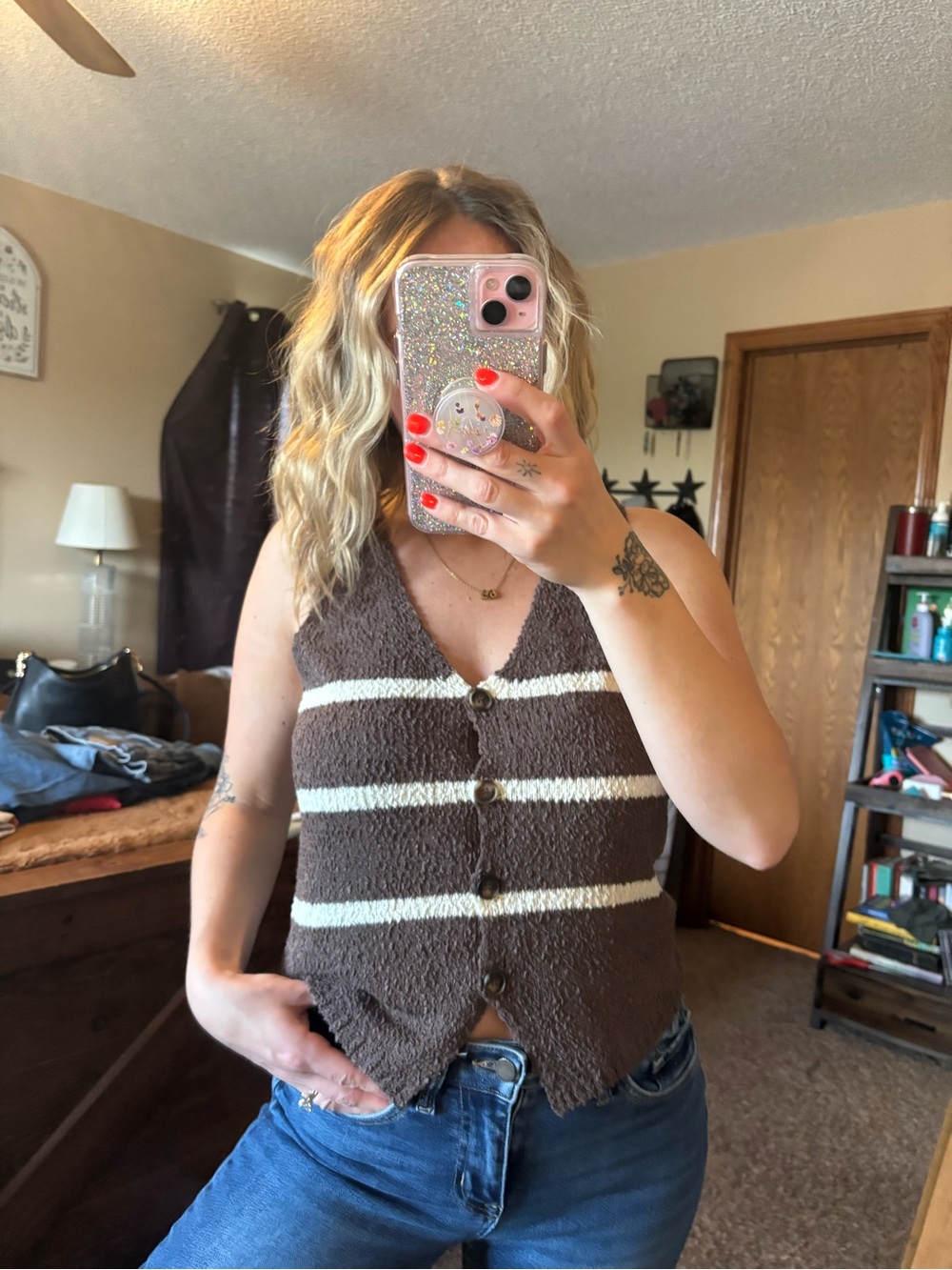 Blu pepper Brown & Cream Striped Knit Button Front Tank